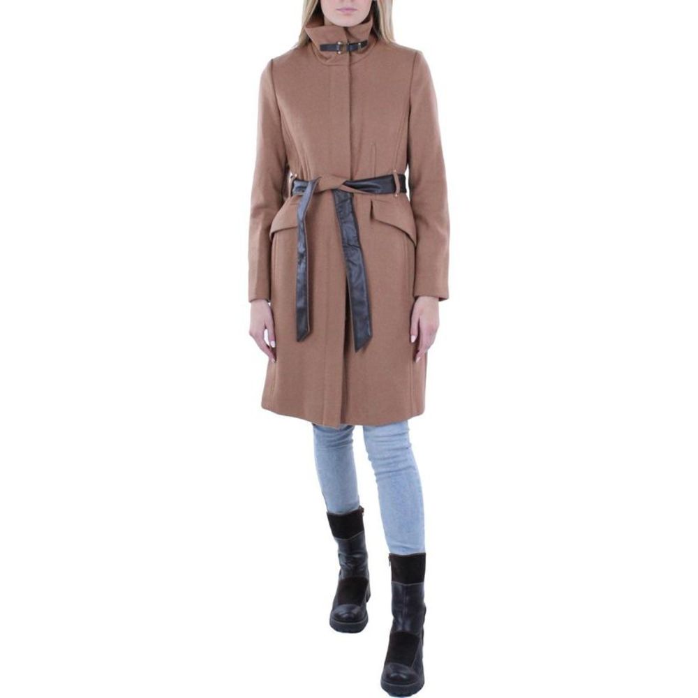 Cole Haan Womens Tan Wool Blend Faux Leather Trim Wrap Coat Outerwear